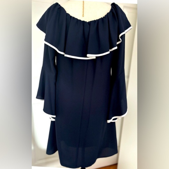 Off-Shoulder Dress / On-Shoulders Navy Blue, White Trim Romantic Classy Elegant - Picture 4 of 9